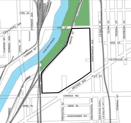 Chinatown Basin TIF district, expired in 2010, was roughly bounded on the north by 18th Street, Archer Avenue and Cermak Road on the south, Wentworth Avenue on the east, and Stewart Avenue on the west.